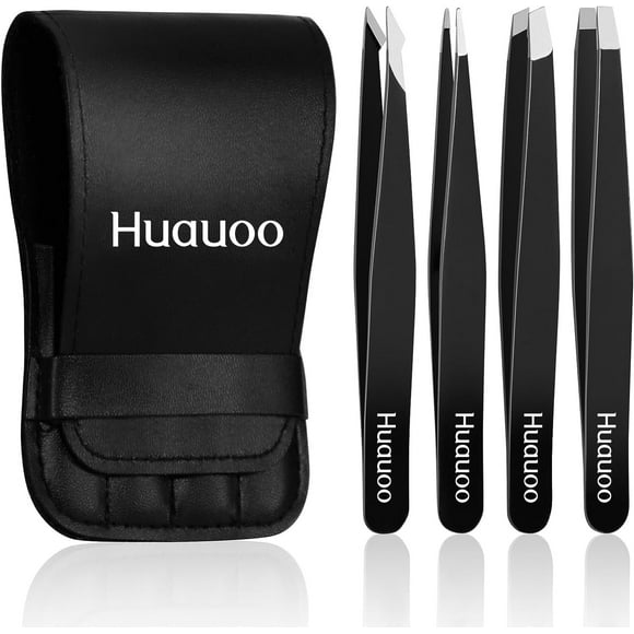 4 Pcs Tweezers Set, Stainless Steel Hair Removal Makeup Tool, Gift, Black