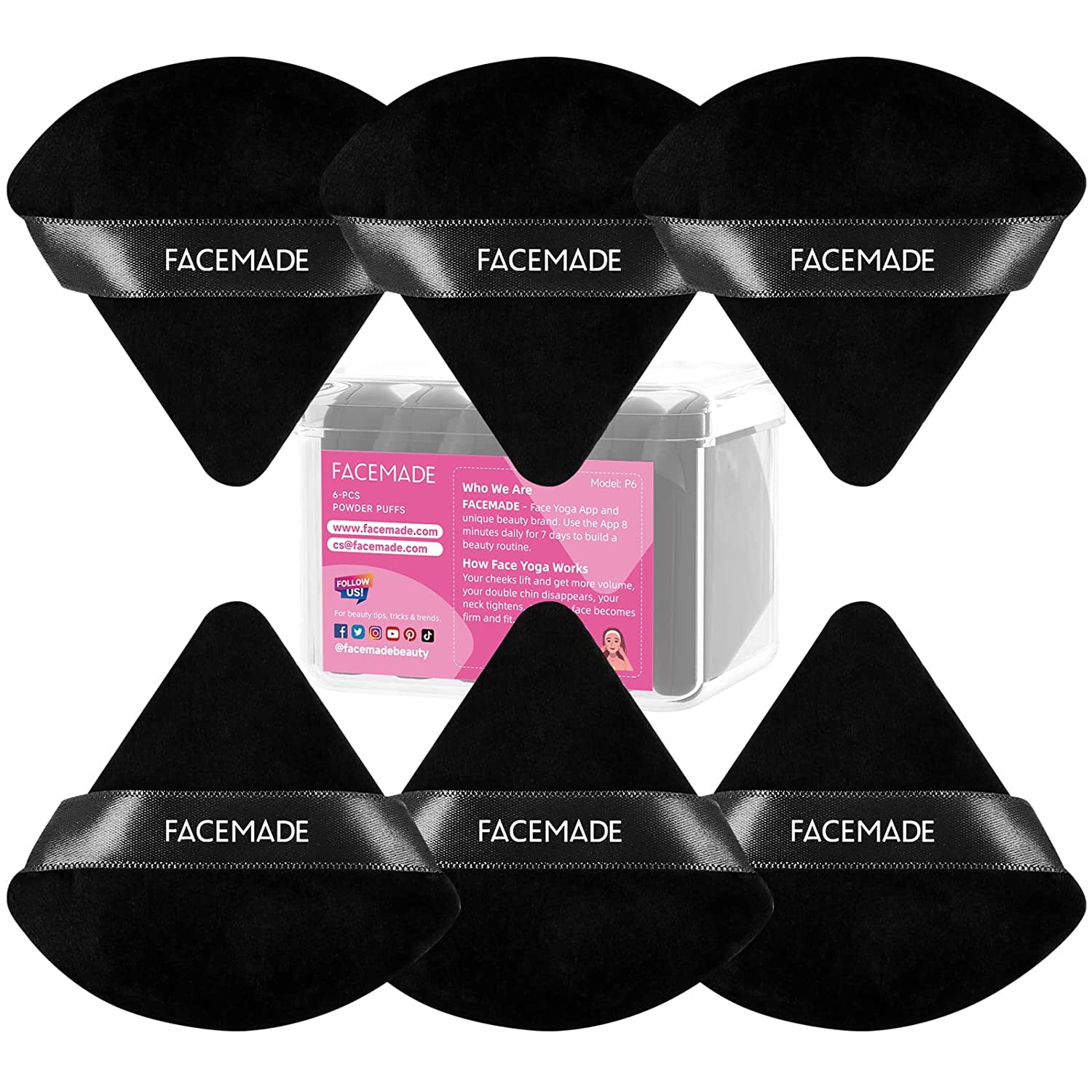 FACEMADE 6 Pcs Triangle Velour Face Powder Puff Set with Case,Wet and