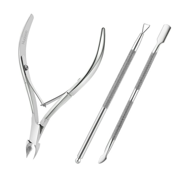 Huauoo 3-Piece Stainless Steel Cuticle Nipper Kit with Full Jaw Nipper, Pusher & Remover, Silver