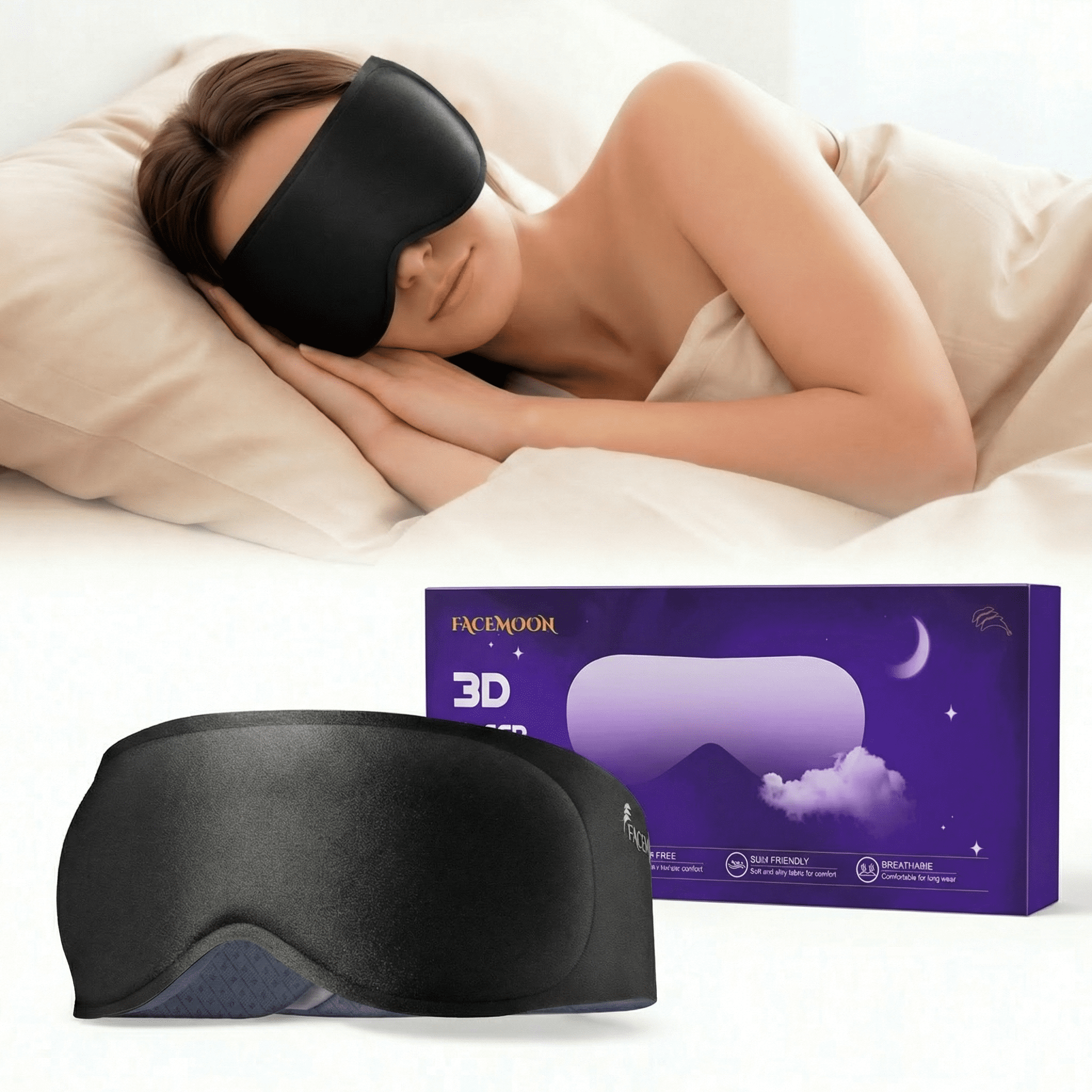 FACEMOON 3D Contoured Blackout Sleep Mask Weighted for Men and Women Tranquil Sleep Time Soft Memory Foam Zero Eye Pressure Evening Relaxation Black