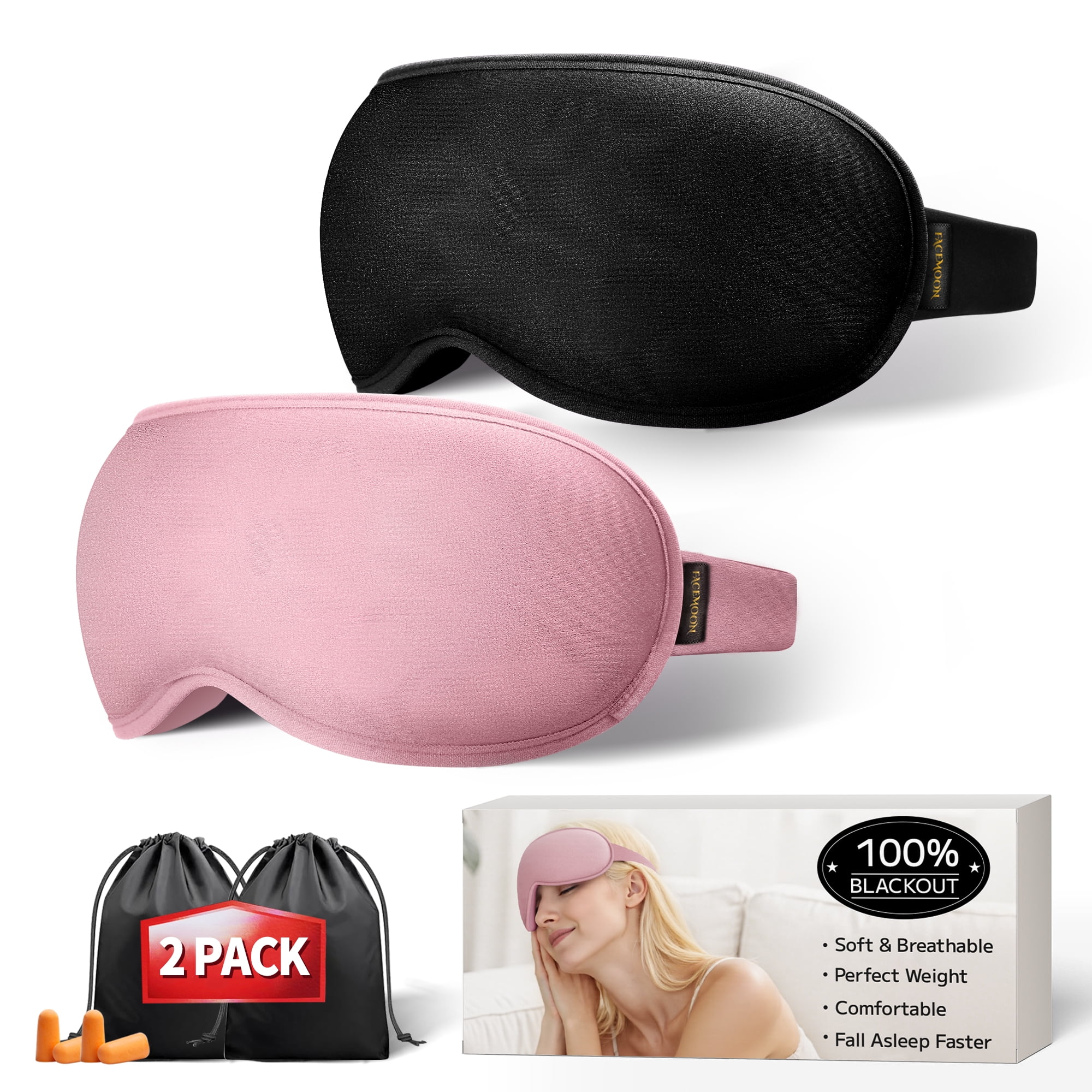 FACEMOON Memory Foam Weighted Soft Light Blocking Zero Eye Pressure Sleep Eye Mask for Sleep Support with Storage Bag, Blackout, 2 Pack