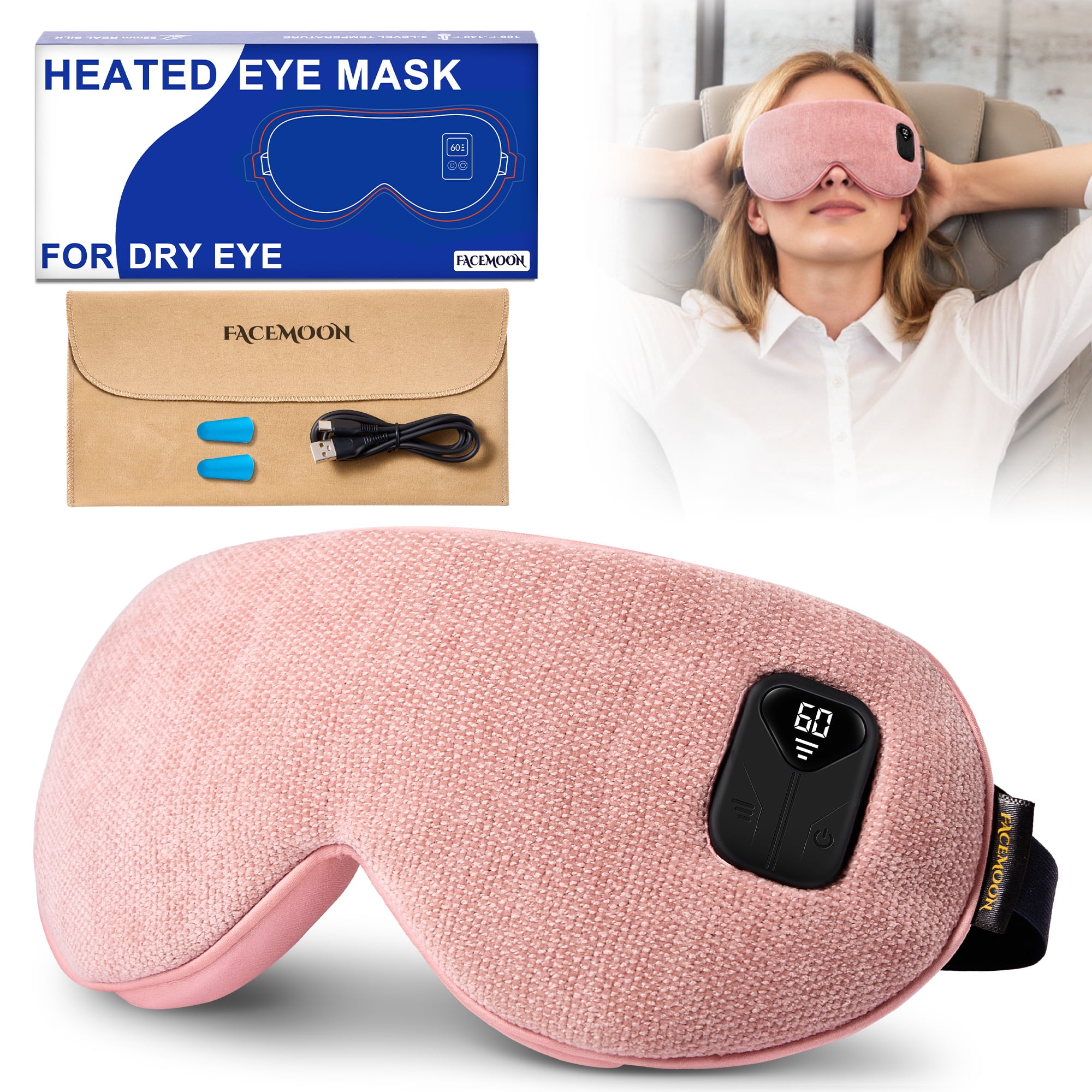 FACEMOON Cordless Eye Mask Warm Compress Rechargeable Comfort Natural Flaxseed Moist Heat for Sleep Dry Eyes Relief Pink