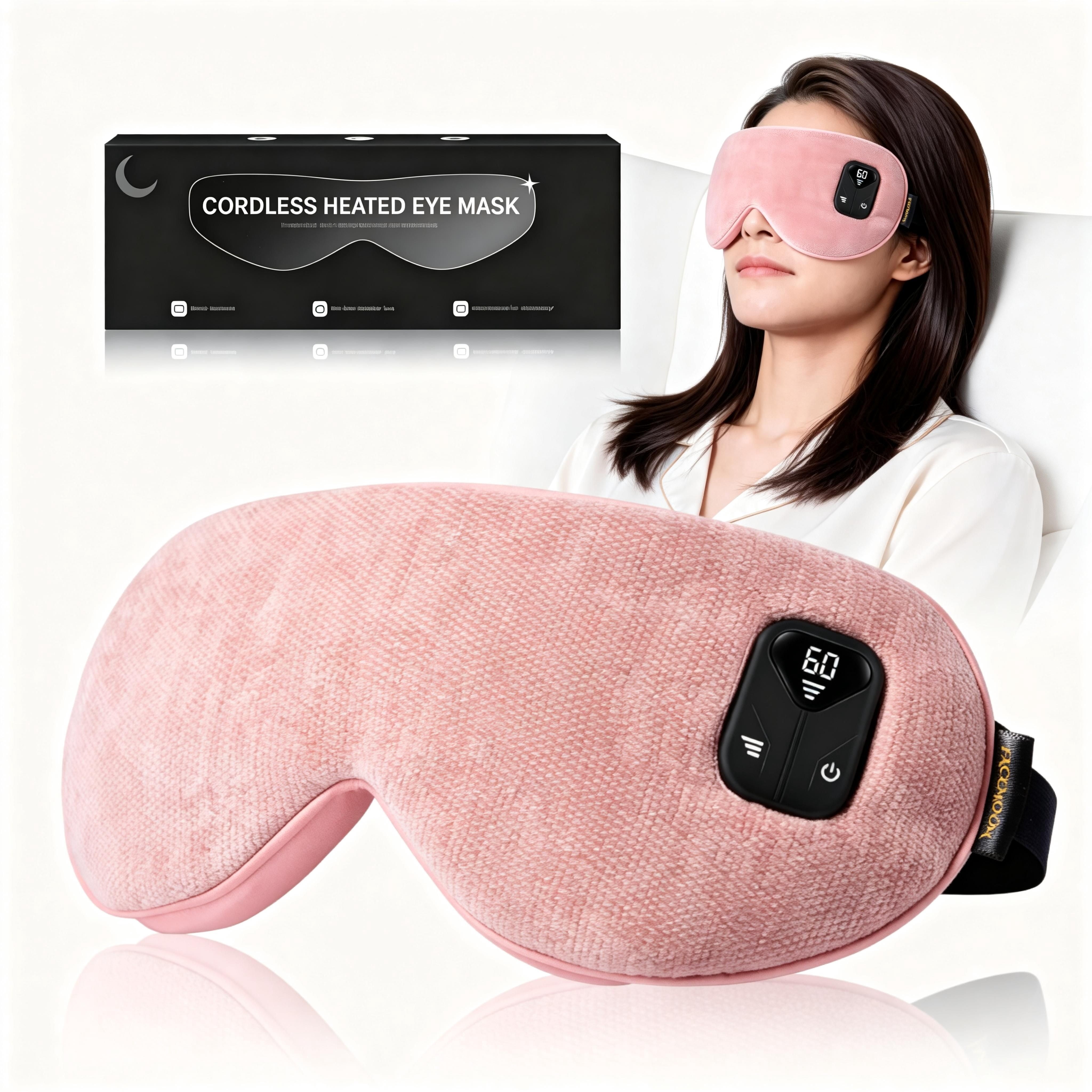 FACEMOON 1 Pack Adult Cordless Heated Sleep Mask – Rechargeable Natural Flaxseed Moist Heat | Comfort Eye Relaxation for Sleep | Pink