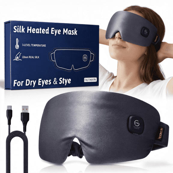 100% Pure Silk Heated Eye Mask, Washable Warm Compress Eye Mask for Dry Eyes, Tired Eyes and Puffy Eyes, Cordless Heated Sleep Mask with 3 Heat Settings, Auto Shut-Off and Rechargeable Battery