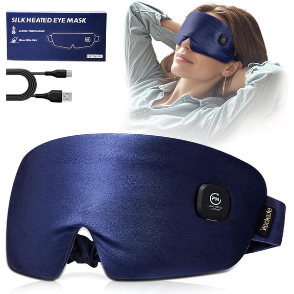 FACEMOON Silk Comfort Cordless Heated Adjustable Sleep Eye Mask for Dry Eyes Relief Sleep Travel with Storage Case, Blue