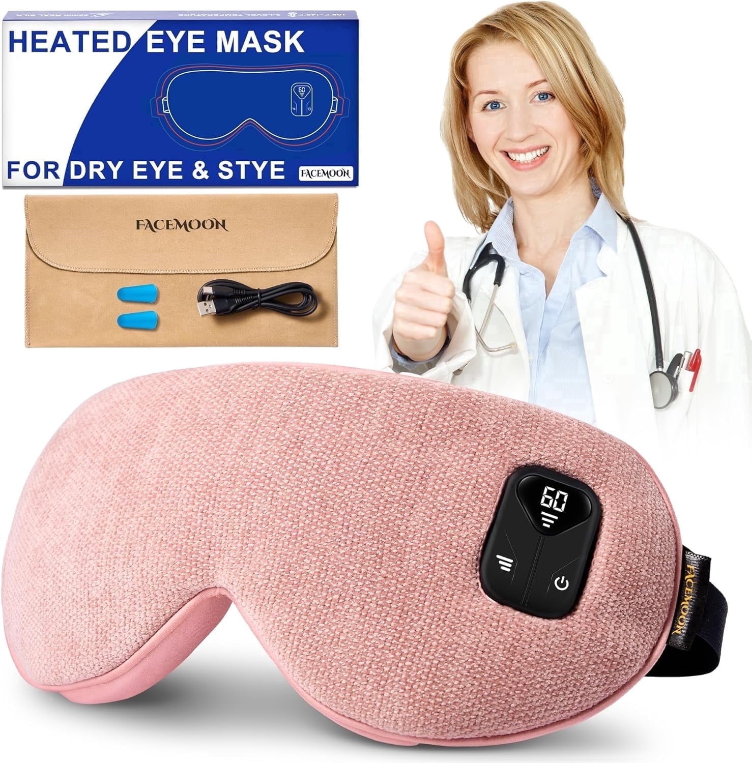 FACEMOON Cordless Rechargeable Eye Mask Warm Comfort Natural Flaxseed Moist Heat Sleep Relaxation for Dry Eyes Relief Pink