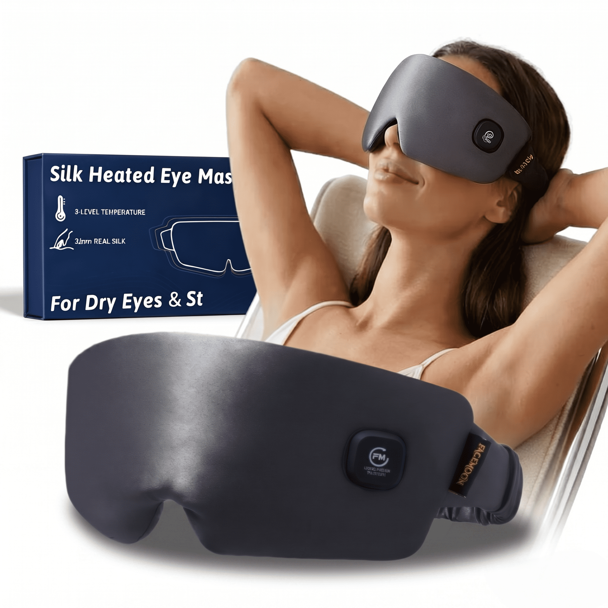 FACEMOON Cordless Silk Heated Eye Mask for Dry Eyes Comfort Rechargeable Moist Heat Warm Compress Washable Travel Gray
