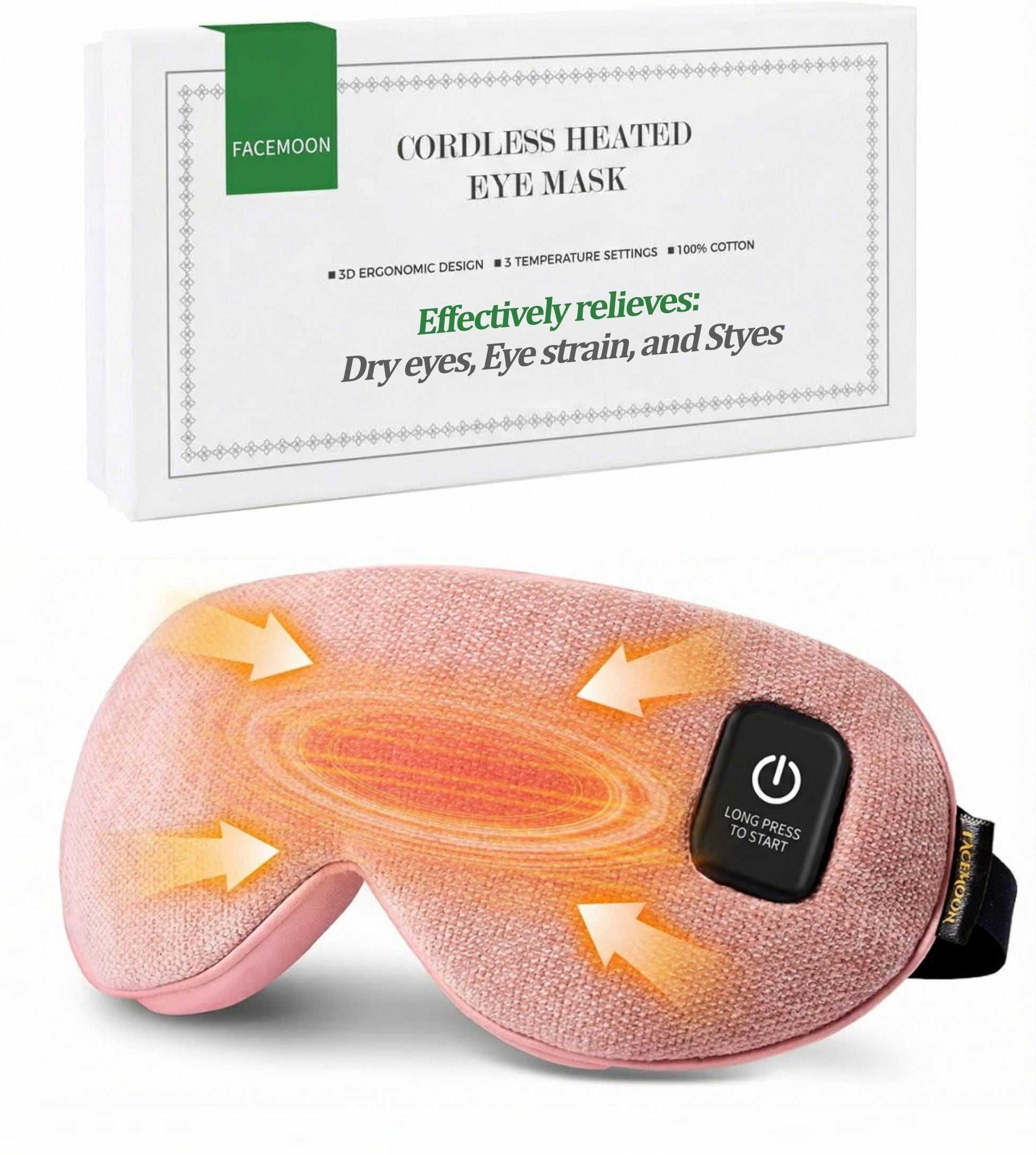 FACEMOON 1 Pack Adult Cordless Heated Sleep Mask – Rechargeable Natural Flaxseed Moist Heat | Comfort Eye Relaxation for Sleep | Pink