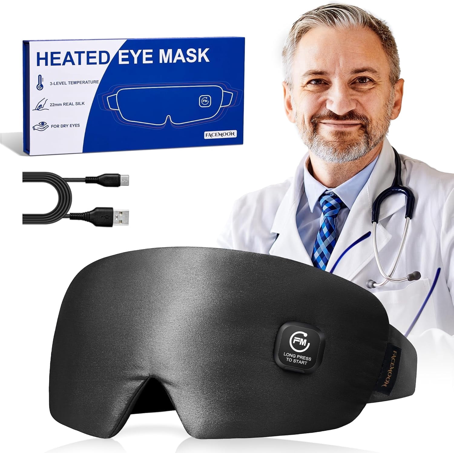 FACEMOON Cordless Warm Eye Mask Silk Comfort for Dry Eyes Relief Rechargeable Moist Heat Therapy Washable Night Comfort Black