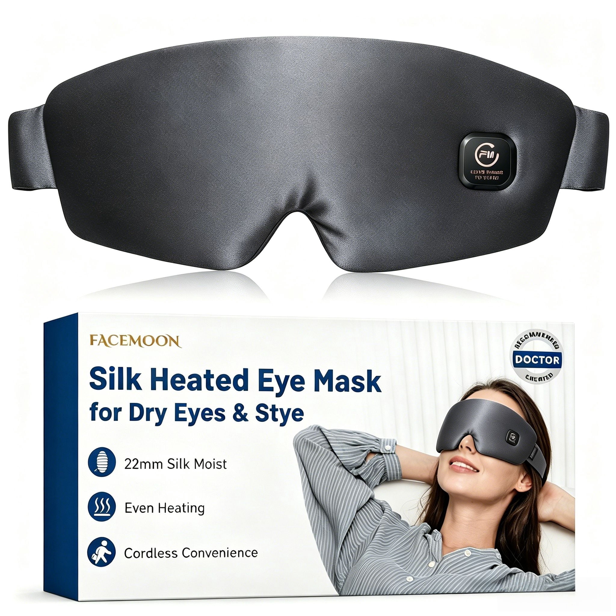 FACEMOON Cordless Warm Eye Mask Silk Design for Dry Eyes Comfort Rechargeable Moist Heat Therapy Washable Essential Gray