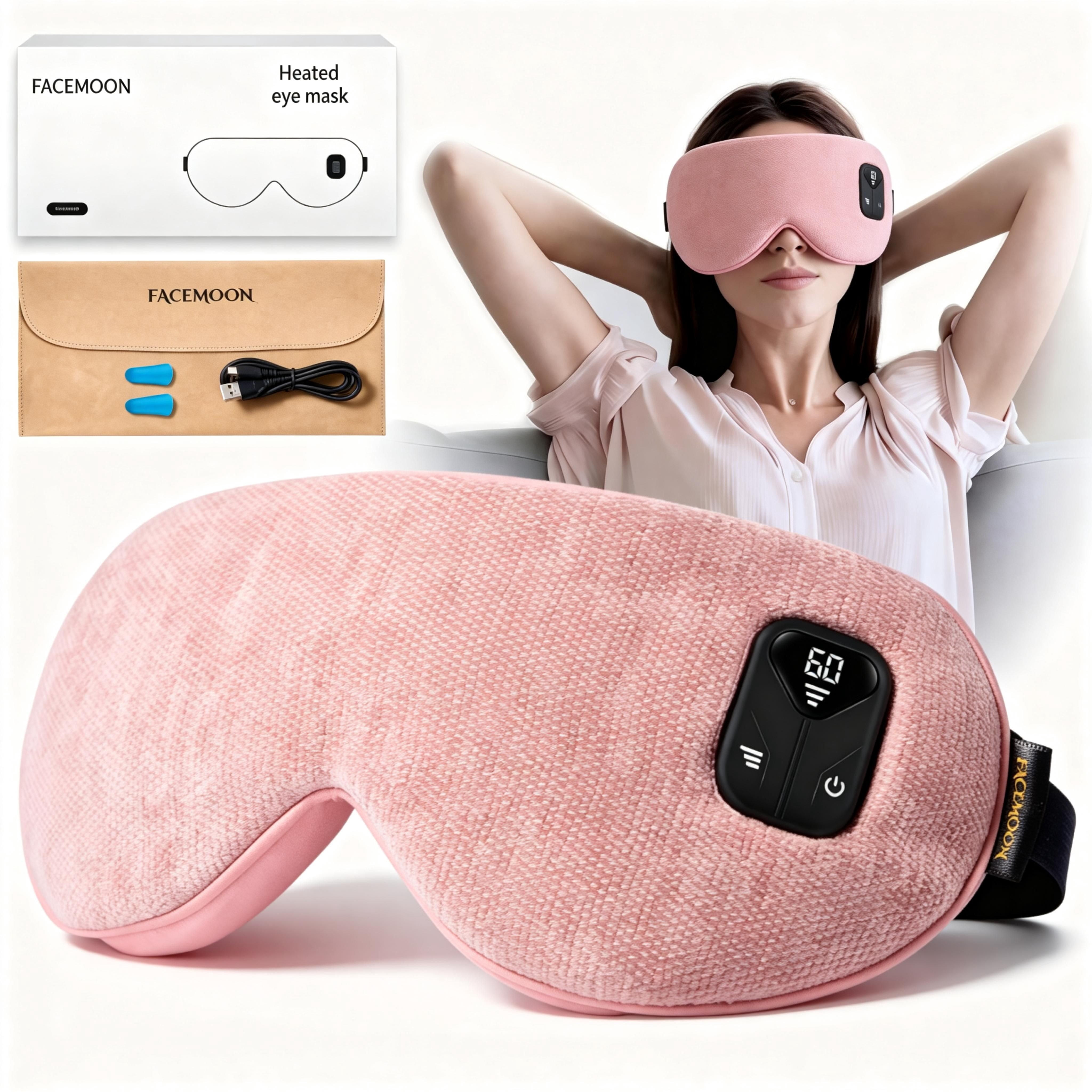 FACEMOON Heated Eye Mask Cordless Rechargeable Warm Comfort for Eye Relaxation Natural Flaxseed Moist Heat Sleep Aid Pink