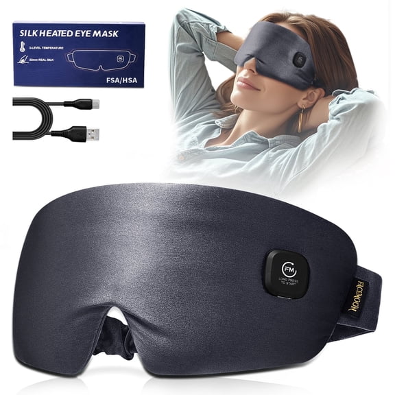 100% Pure Silk Heated Eye Mask for Dry Eyes, Washable Warm Compress Eye Mask for Puffy Eyes, Heating Pad for Tired Eyes, Bedtime Relaxation and Evening Self Care, Grey