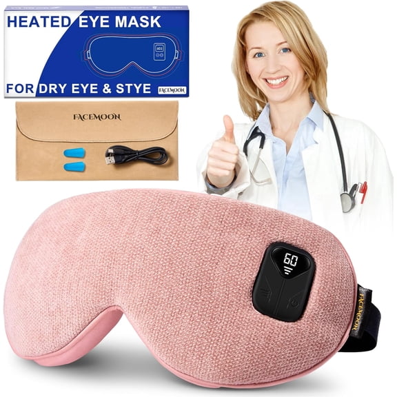 FACEMOON Heated Eye Mask for Warm Compress: Dry Eyes Blepharitis Stye Moist Hot Relief - Electric Cordless Heating Pad for Traveler Computer Tied Eyes - Rechargeable 1500 MAh Washable Pink