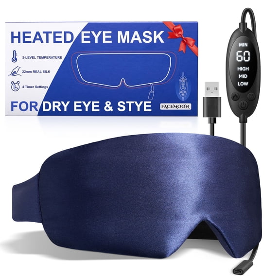 FACEMOON Silk Heated Light-Blocking Sleep Eye Mask for Dry Eyes, Blepharitis, Insomnia, Blue