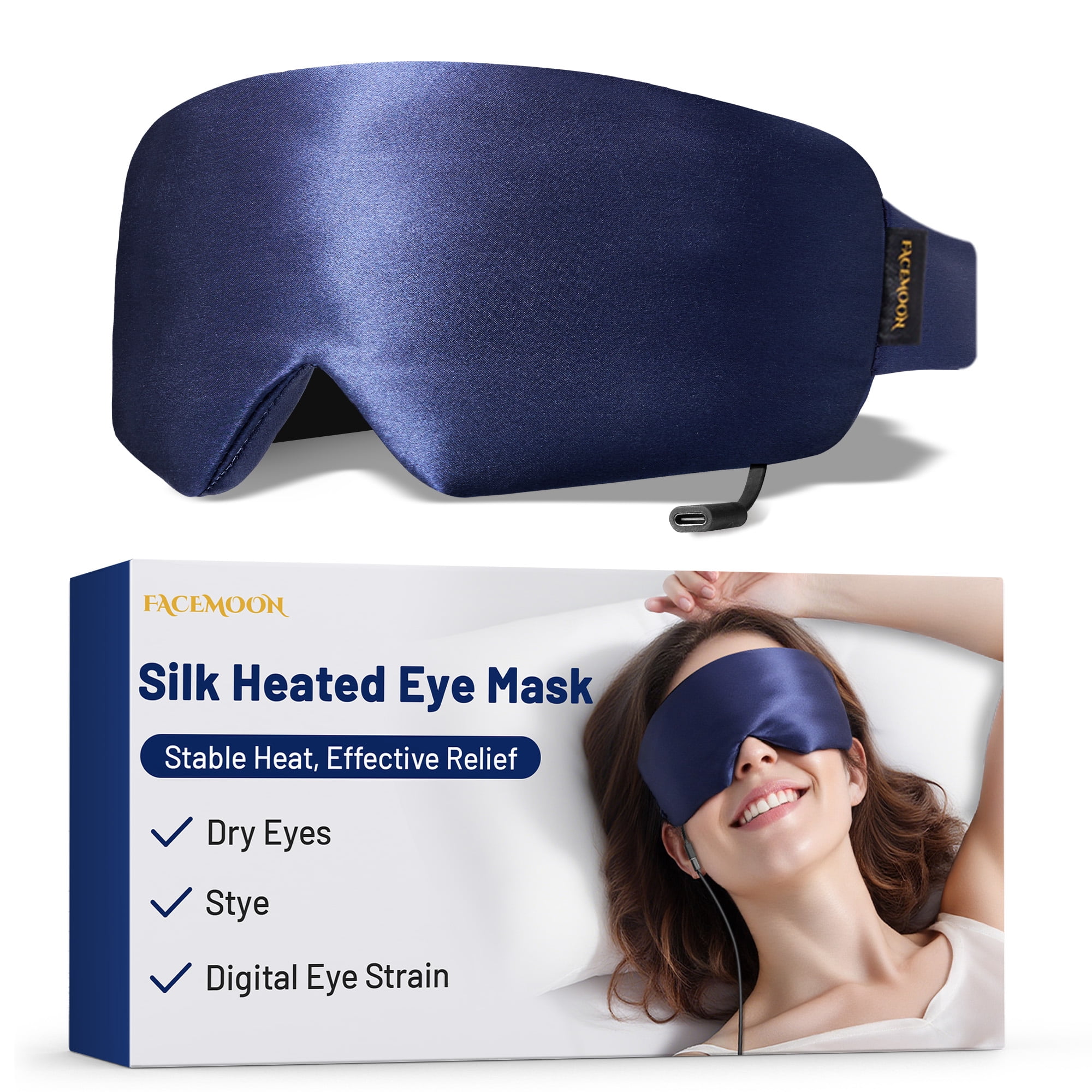 FACEMOON Heated Eye Mask – Warm Hot Eye Compress, Silk Sleep Mask for Travel/Office, Adjustable Heat & Timer, Washable Cover