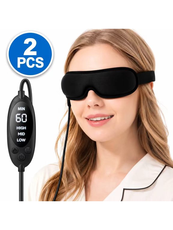 2 Pack Heated Eye Mask for Dry Eyes, USB Moist Heat Warm Compress Eye Mask, Eye Heating Pad for Tired Eyes, 3 Heat Levels, 4 Timer Settings, Auto Shut-Off, Black
