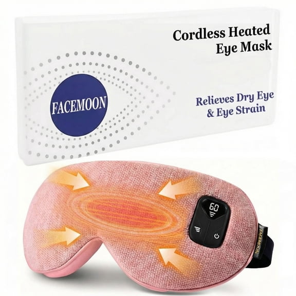 FACEMOON Cotton Linen Natural Flaxseed Heated Cordless Rechargeable Sleep Eye Mask for Tired Eyes with Storage Pouch, Pink