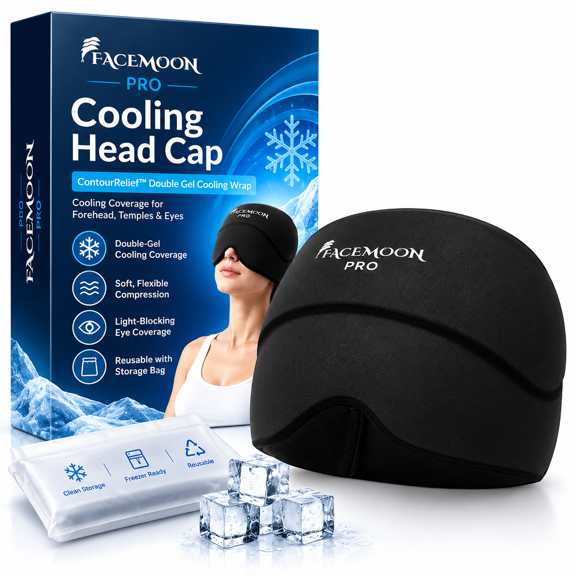 FACEMOON PRO Cooling Head Cap, ContourRelief Double Gel Cooling Wrap for Forehead, Temples and Eyes, Reusable Cold Pack, Black
