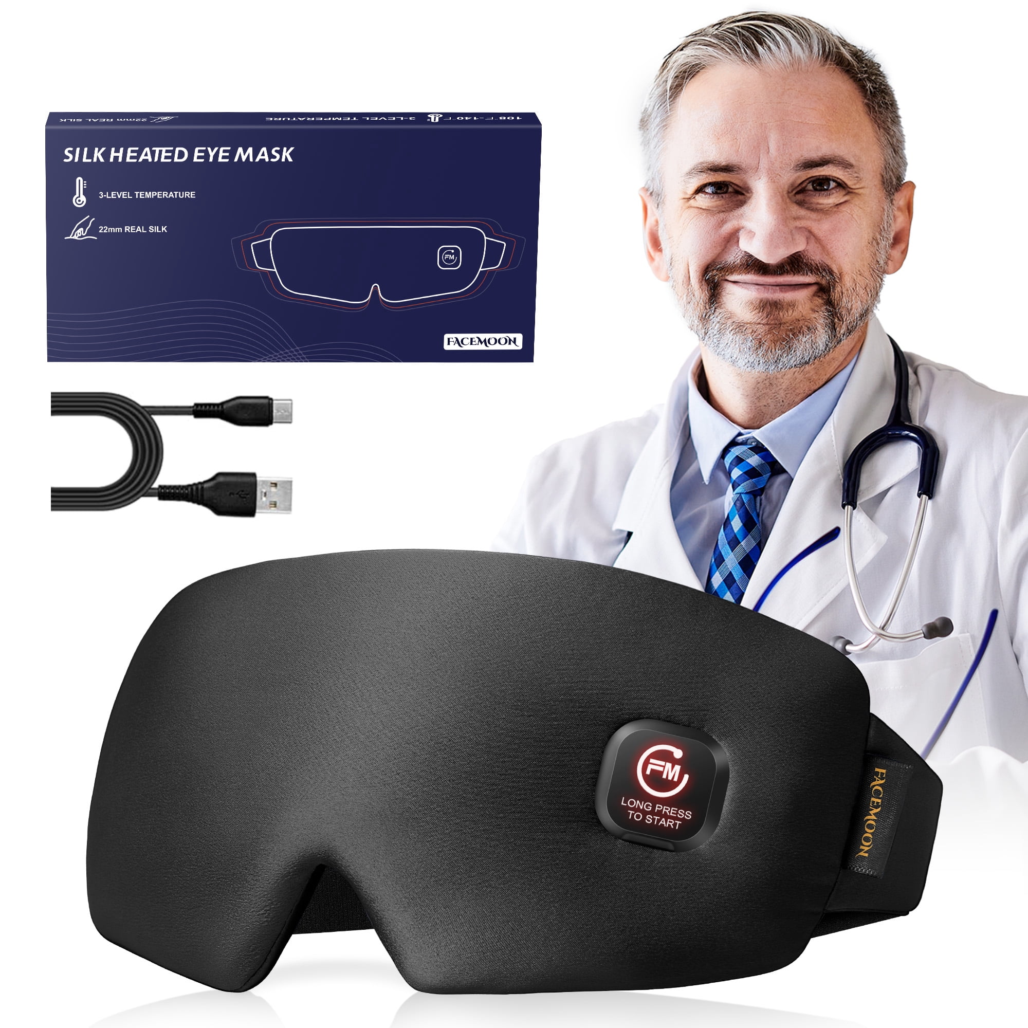 FACEMOON Rechargeable Cordless Heated Eye Mask Silk Comfort for Dry Eyes Moist Heat Warm Compress Washable Sleep Relaxation Black