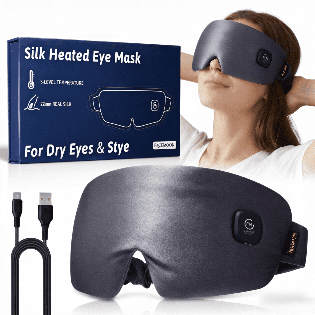 FACEMOON Rechargeable Cordless Heated Eye Mask Silk Comfort for Tired Eyes Moist Heat Warm Compress Washable Sleep Aid Gray