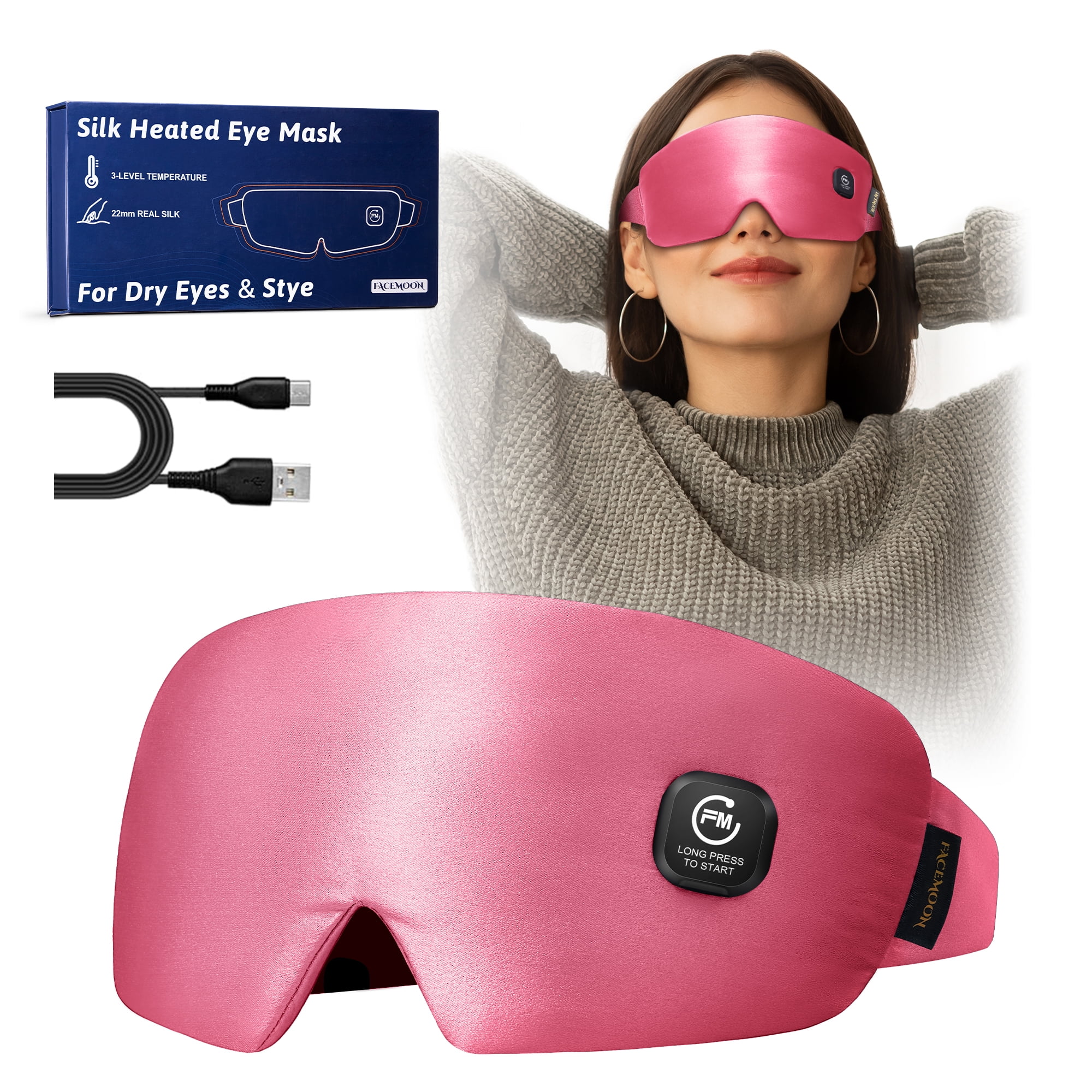 FACEMOON Rechargeable Cordless Heated Eye Mask Silk Design for Dry Eyes Comfort Moist Heat Warm Compress Washable Travel Pink