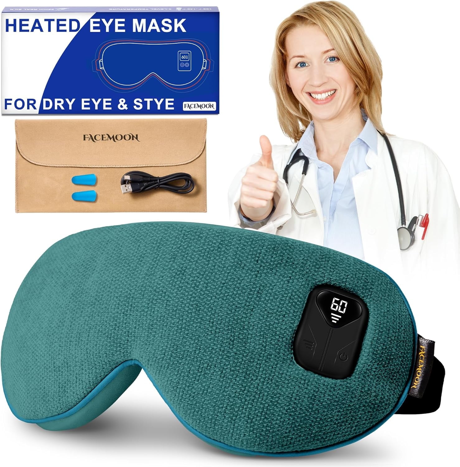 FACEMOON Rechargeable Heated Eye Cover for Eye Comfort Natural Flaxseed Moist Heat Warm Compress Sleep Aid Relaxation Green