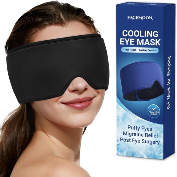 FACEMOON Reusable Cooling Eye Mask Large Comfort Fit for Puffy Eyes Dark Circles Relief Soft Thick Gel Flexible Travel Essential Black