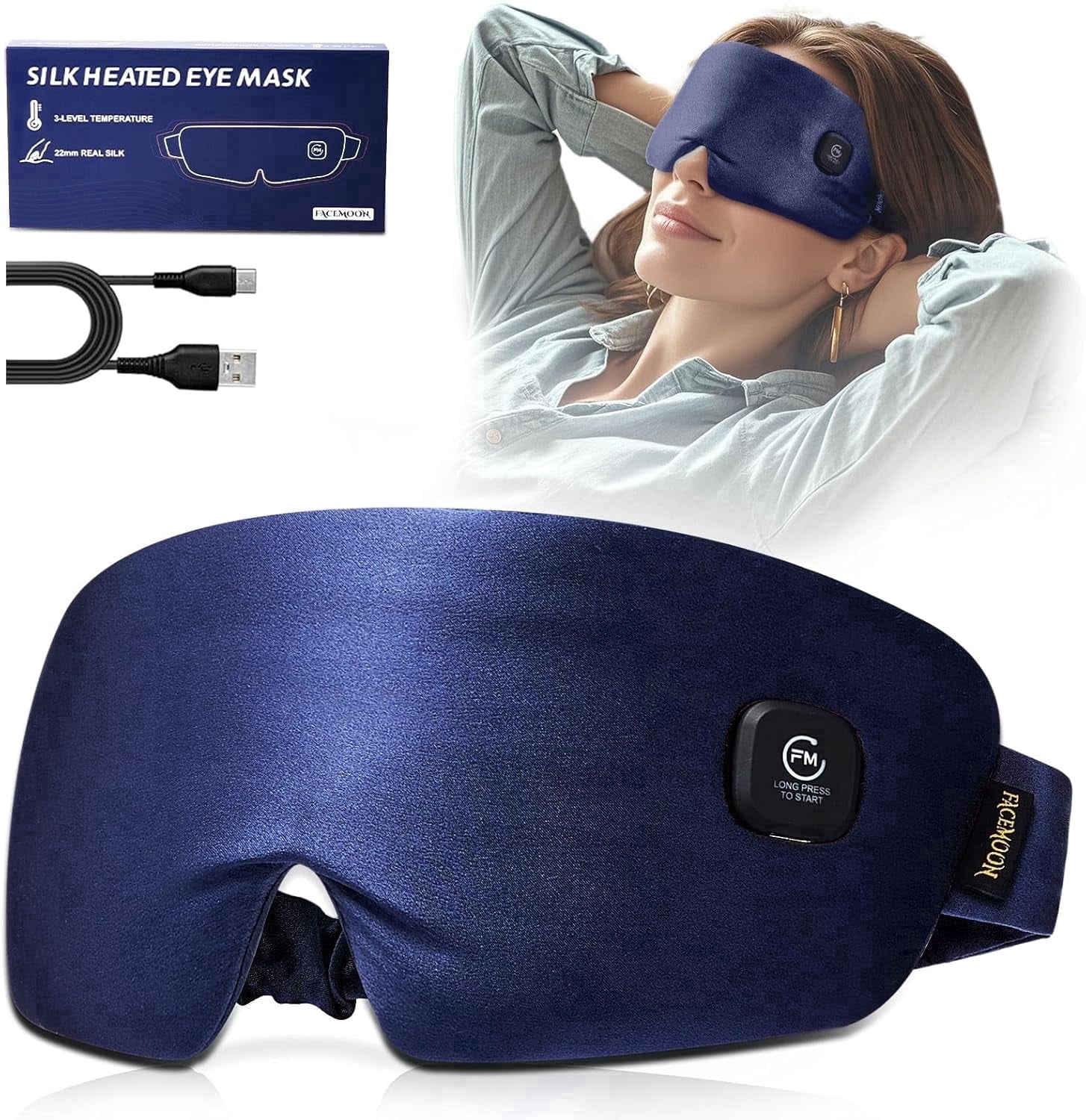 FACEMOON Silk Cordless Moist Heat Therapy, Light Blocking Sleep Eye Mask for Dry Eyes with Storage Case, Blue