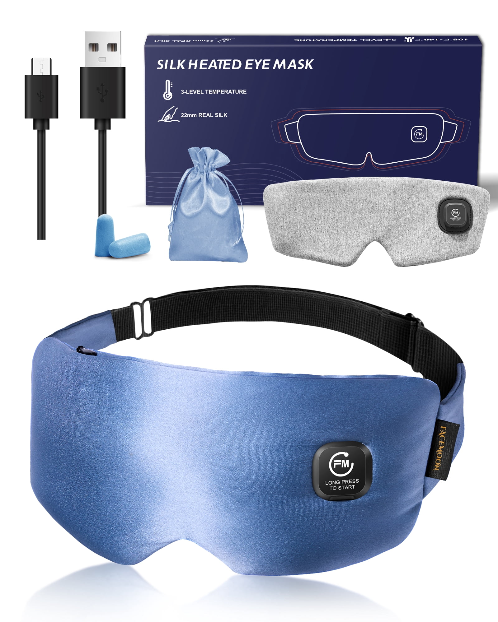FACEMOON Silk Warm Eye Mask for Dry Eyes Comfort Cordless Moist Heat Therapy Washable Travel Blue