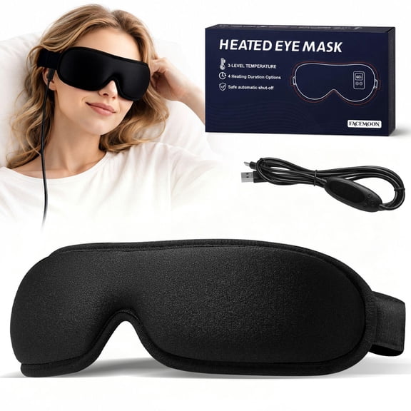 FACEMOON USB Powered Heated Eye Mask for Dry Eyes Relief, Warm Compress, 3 Heat Levels, Timer, Washable Cover,