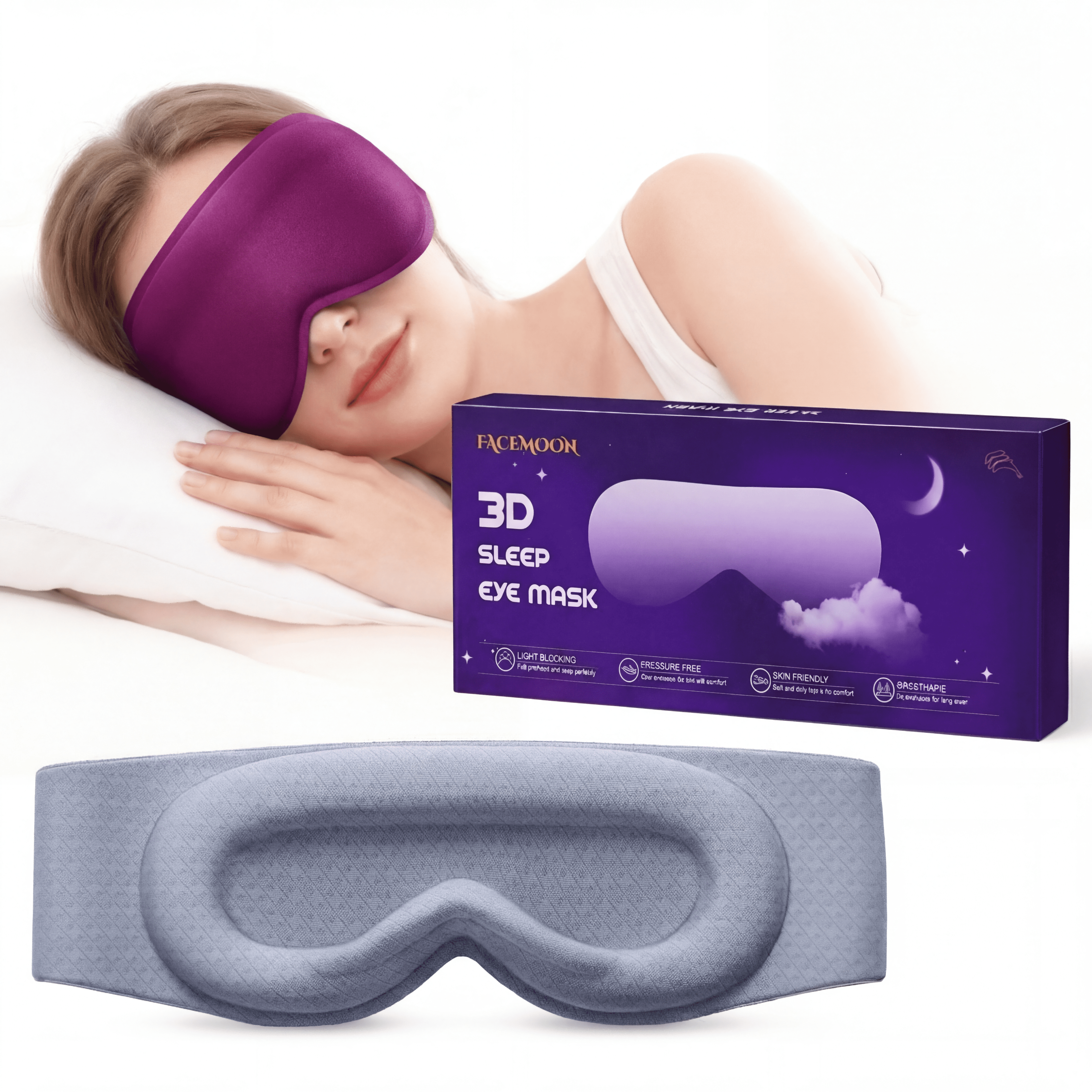 FACEMOON Weighted Sleep Mask 100% Blackout 3D Contoured for Men and Women Calming Sleep Moment Soft Memory Foam Zero Pressure Restful Sleep Purple