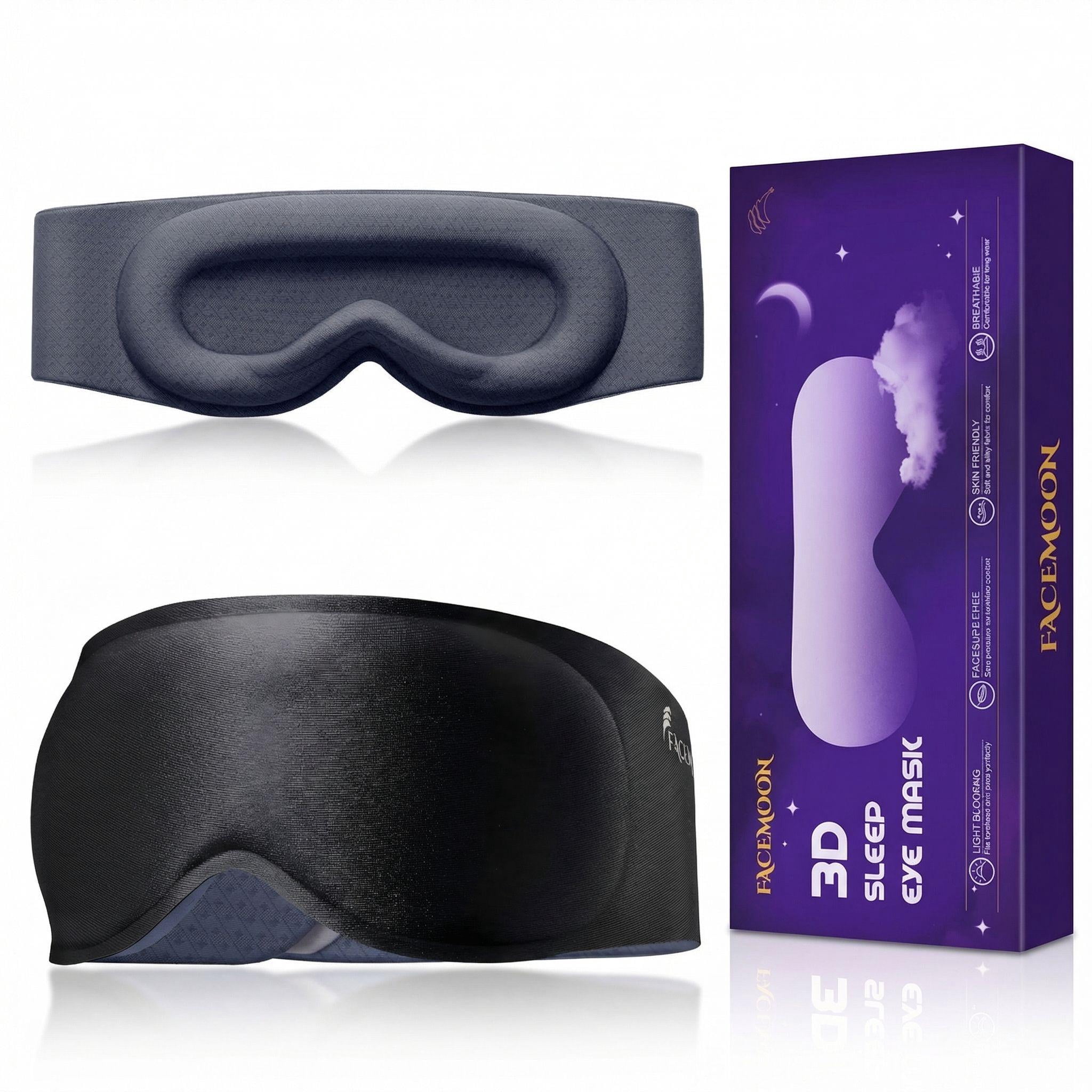 FACEMOON Weighted Sleep Mask 100% Blackout 3D Contoured for Men and Women Deep Restful Sleep Soft Memory Foam Zero Pressure Long Flight Black