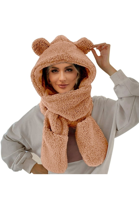 Bear Scarf,Winter Cute Bear Ear Warm Hat Women Plush Earflap Hat Windproof Cap Hat with Ears and Hood Hat Scarf 2 In 1 Hooded Scarf for Women,Scarf Hat,Beanie Hat Scarf Clearance!
