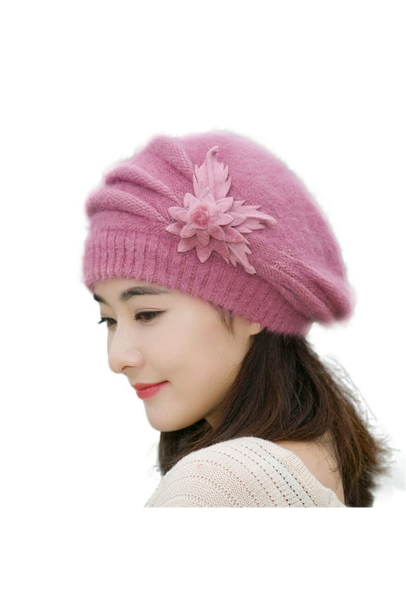Beret Hats for Women Fashion Womens Flower Knit Crochet Hat Winter Warm Cap Beret Women Beret Newsboy Hat French Wool Cap Purple One Size Clearance!