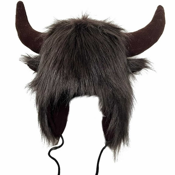 FADAACAI Buffalo Hat with Horns Furry Earmuff Winter Hats Buffalo Ear Headwear Earflap Hat Brown One Size Clearance！