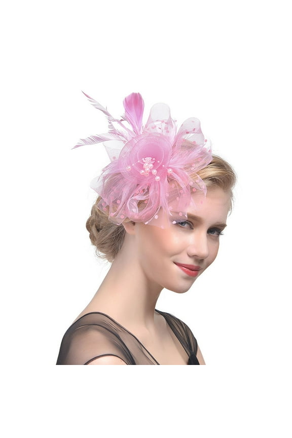 Dress Hats for Women Church Hat Fancy Hats Tea Party Hat Flower Headband Ribbons Feathers Headwear Women Mesh Tea Hat Party Bridal Pink