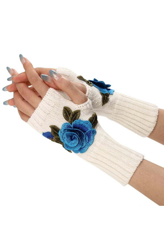 Winter Gloves Ladies Warm Knit Fingerless Gloves Mittens Fashion Flowers Knitted Clamshell Gloves Gloves for Men Women Blue One Size Clearance！