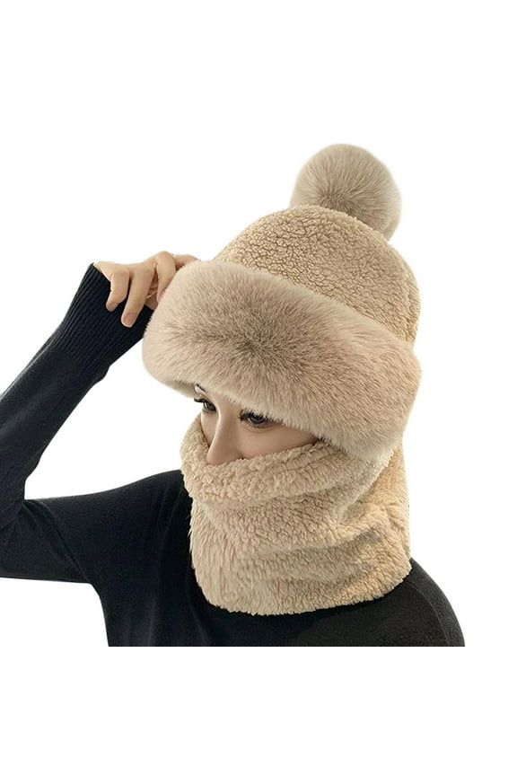 Women Windproof Scarf Hat Winter Warm Scarf Hat Set Soft Knitted Plush Hat Beige One Size Clearance!
