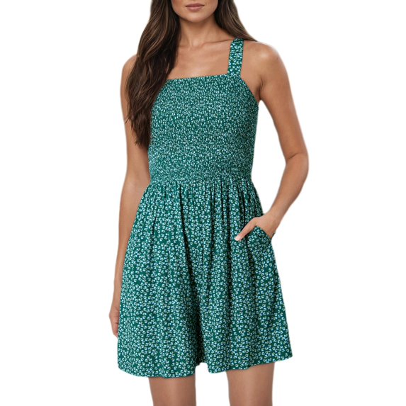 FADAACAI Women's Jumpsuits Women's Spring and Floral Square Neck Sleeveless Casual Pleated Loose Shorts Jumpsuit Women's Summer Romper Jumpsuits for Women Casual Green XL Clearance!