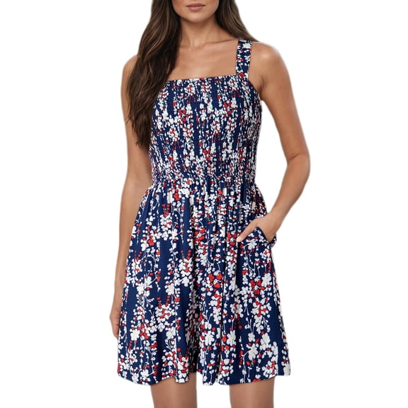 FADAACAI Women's Jumpsuits Women's Spring and Floral Square Neck Sleeveless Casual Pleated Loose Shorts Jumpsuit Women's Summer Romper Jumpsuits for Women Casual Blue L Clearance!