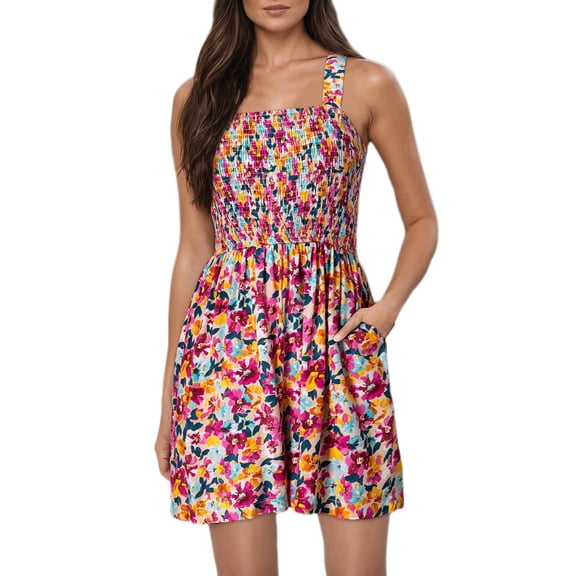 FADAACAI Women's Jumpsuits Women's Spring and Floral Square Neck Sleeveless Casual Pleated Loose Shorts Jumpsuit Women's Summer Romper Jumpsuits for Women Casual Pink L Clearance!