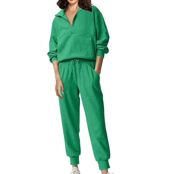 FADAACAI Women's Sweat Suits 2 Piece Set,Women's Fashion Set d Half Zip Sweatpants Casual Suit Sweatshirt Set,Joggers for Women 2 Piece Set,Two Piece Sets for Women Fall Green S Clearance！