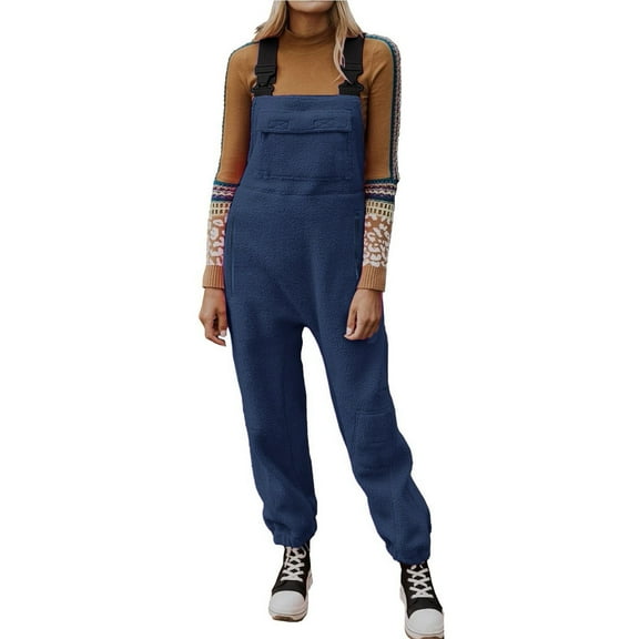 FADAACAI Womens Fleece Overalls Women's Solid Color Fashionable Autumn Winter Plush and Thick Pocket Jumpsuit Sherpa Overalls Cozy Overalls for Women Blue L Clearance!