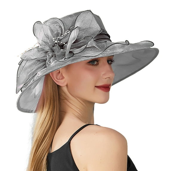 FADAACAI Womens Hats Fashion Kentucky Derby Hats for Women 2025 Fancy Hats Tea Party Accessories for Women Women's Solid Color Big Flower English Lady Elegant Temperament Sun Hat Gray