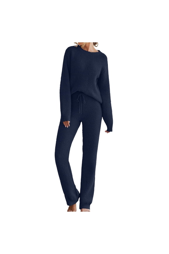 Womens Sweatsuits 2 Piece Set Womens Fuzzy Fleece Long Sleeve 2 Piece Loungewear Outfits Sweater Pants Pajama Sets Lounge Sets for Women Womens Sweatsuits Sets Blue L Clearance!