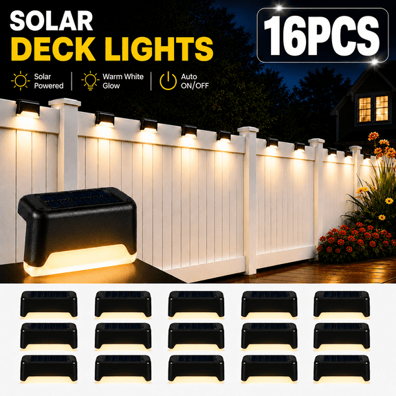 FAEBYNYX 16Pcs Solar Patio Step Lights, IP56 Waterproof LED Deck Stair Lights With Auto Night Lighting, Easy No-Wiring Install, Long-Lasting Lighting For Patio Stair, Wood Deck, Balcony Railing, Yard