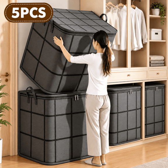 FAEBYNYX 5pcs Large Clothes Storage Bags, Closet Organizers Storage Containers, Collapsible Storage Bins With Reinforced Handles, Sturdy Zippers, For Clothing, Blanket, Comforters, Under-Bed Storage