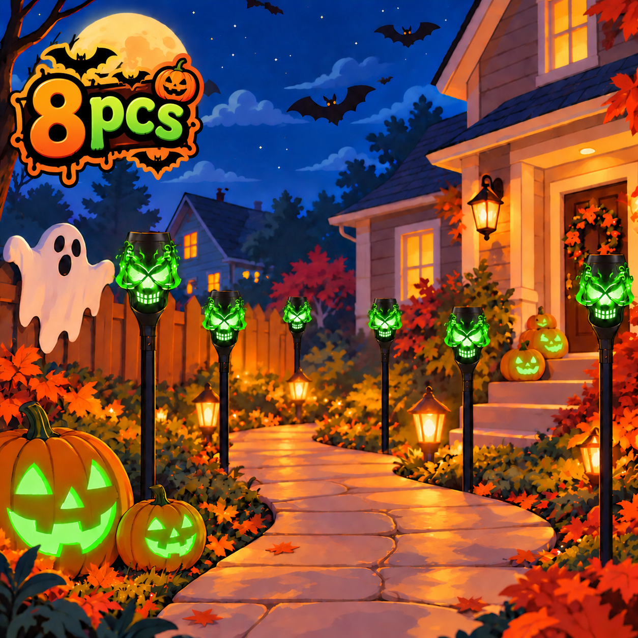 FAEBYNYX 8pcs Halloween Decorations, LED Solar Skull Lights with Flame ...