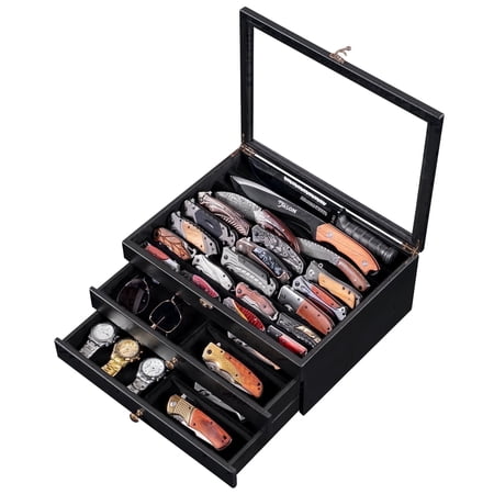 Amoard Large Knife Display Case, Large 3-Tier Wooden Pocket Knife Organizer with Glass Lid & Drawers, Black