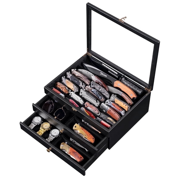 Large Knife Display Case, Large 3-Tier Wooden Pocket Knife Organizer with Glass Lid & Drawers